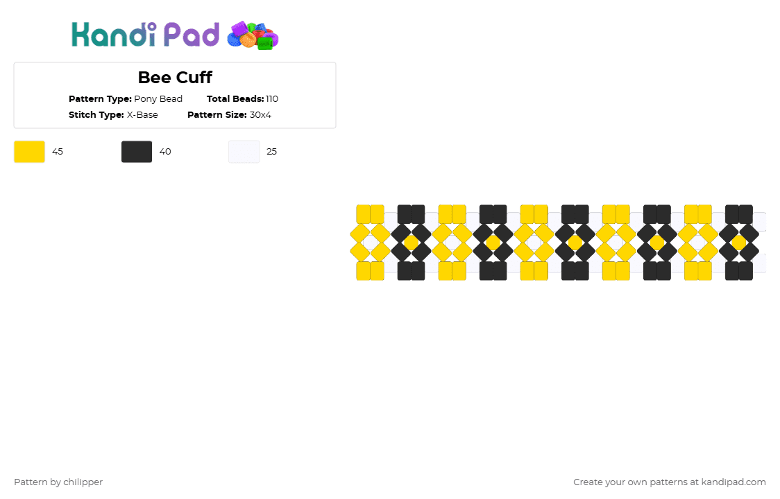 Bee Cuff - Pony Bead Pattern by chilipper on Kandi Pad - yellow,white,bee,bumblebee,black