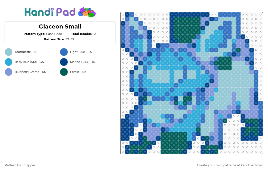 Glaceon Small - Fuse Bead Pattern by chilipper on Kandi Pad - blue,light blue,glaceon,pokemon,pkmn,eeveolution,small,mini,chibi