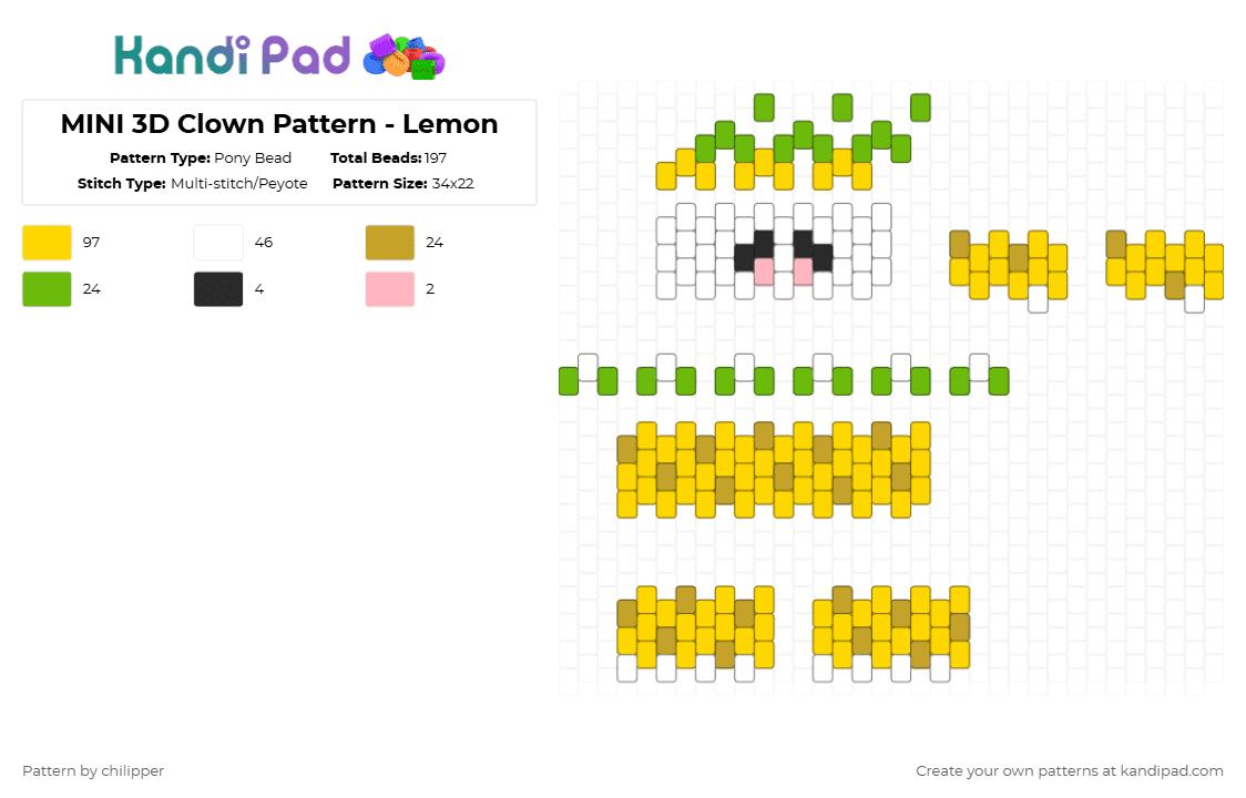 MINI 3D Clown Pattern - Lemon - Pony Bead Pattern by chilipper on Kandi Pad - 3d, citrus, clown, fruit, lemon, mini, pattern, yellow