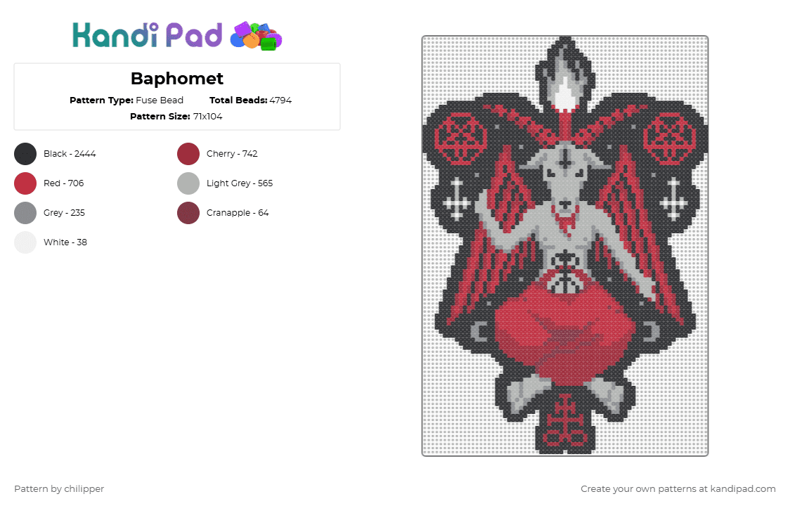 Baphomet - Fuse Bead Pattern by chilipper on Kandi Pad - occult,demon,animal,black,red,beige,baphomet,goat,hell,devil,satan,pentagram