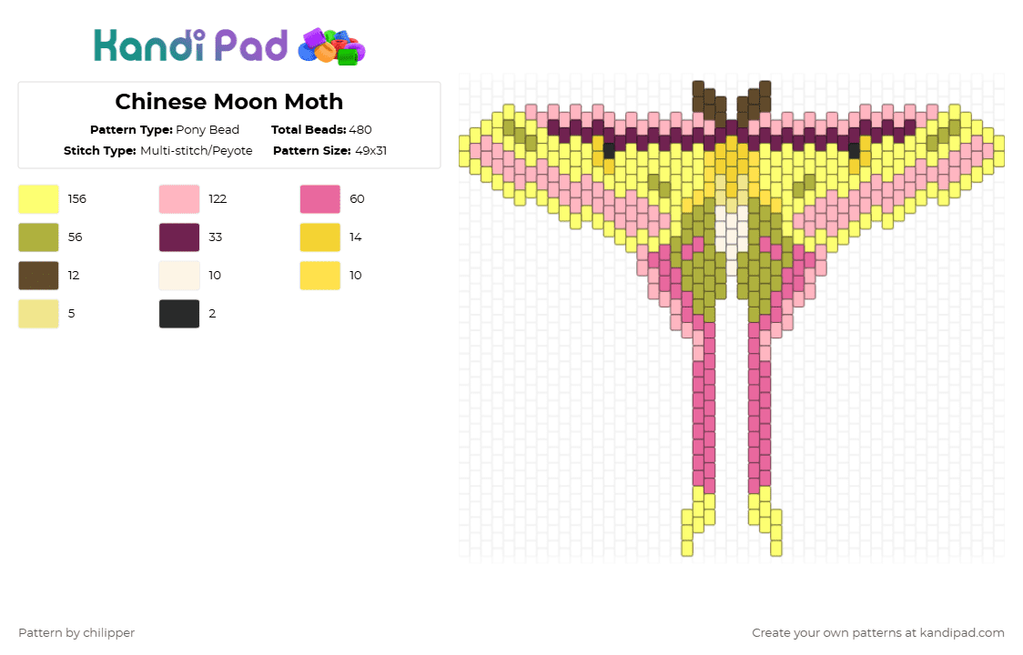 Chinese Moon Moth - Pony Bead Pattern by chilipper on Kandi Pad - yellow,pink,chinese moon moth,moth,green,bug,insect