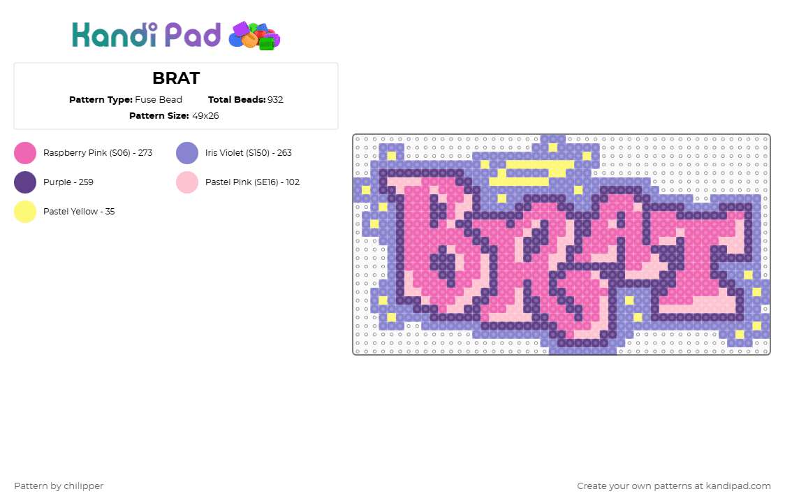 BRAT - Fuse Bead Pattern by chilipper on Kandi Pad - purple,pink,blue,brat,bratz,cute,girl,girly