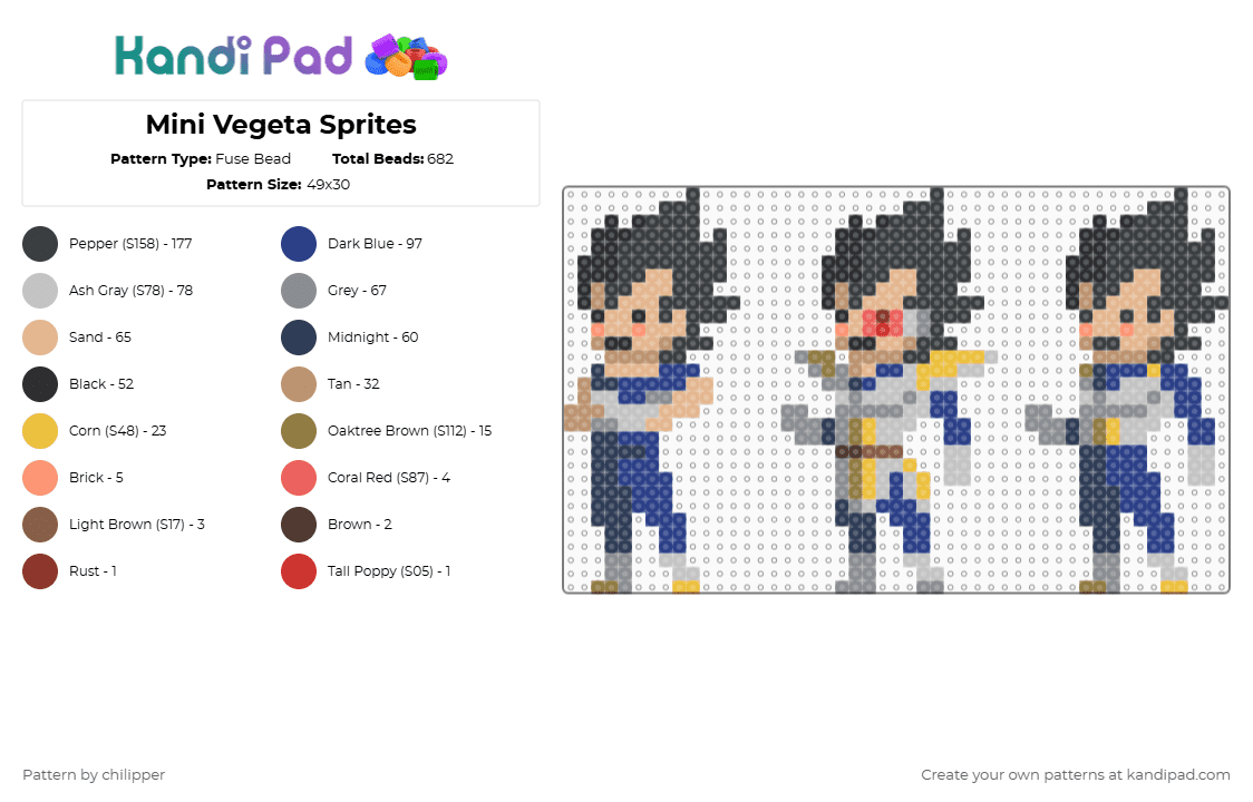 Mini Vegeta Sprites - Fuse Bead Pattern by chilipper on Kandi Pad - beige,purple,blue,gray,dbz,dragonball,dragonballz,vegeta,mini