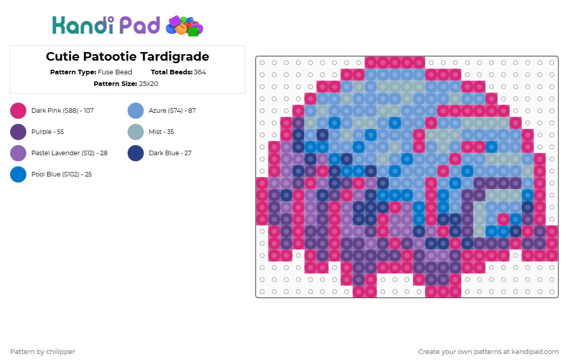Cutie Patootie Tardigrade - Fuse Bead Pattern by chilipper on Kandi Pad - pink,light blue,tardigrade,neon,water bear,moss piglet