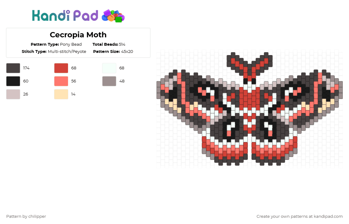 Cecropia Moth - Pony Bead Pattern by chilipper on Kandi Pad - red,brown,cecropia moth,moth,cecropia,insect,grey
