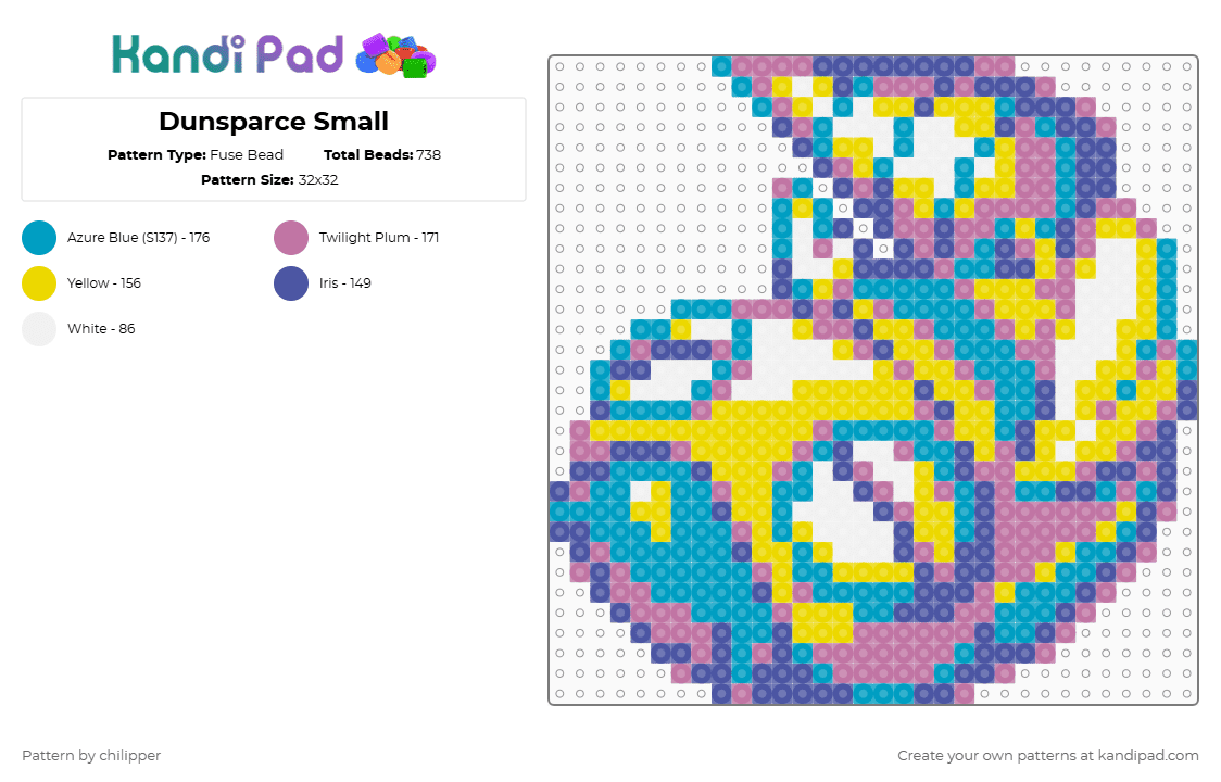 Dunsparce Small - Fuse Bead Pattern by chilipper on Kandi Pad - pink,light blue,yellow,dunsparce,pokemon,pkmn,small,mini,chibi