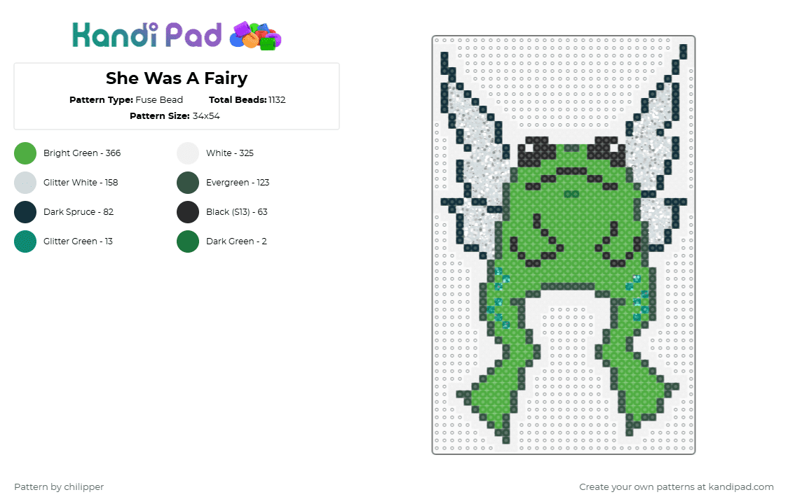 She Was A Fairy - Fuse Bead Pattern by chilipper on Kandi Pad - green,frog,fairy,glitter,froggie