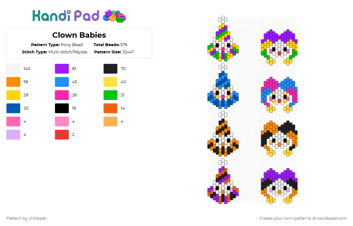 Clown Babies - Pony Bead Pattern by chilipper on Kandi Pad - clown,jester,charms,light blue,yellow,purple,orange,clowns,cute,head,small