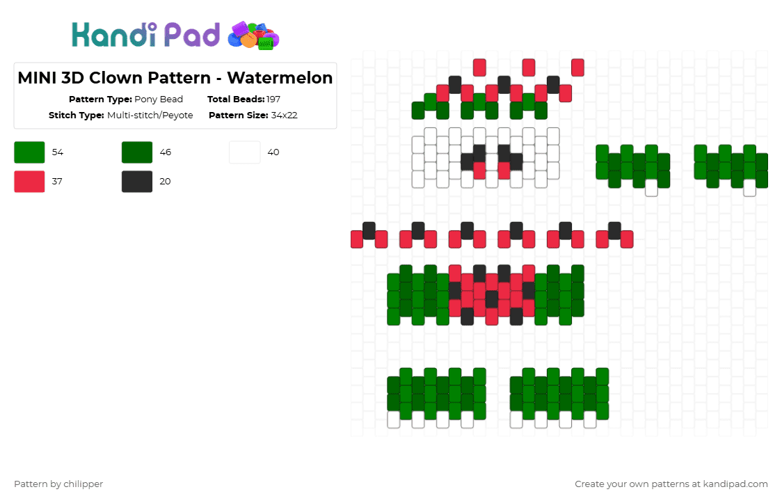MINI 3D Clown Pattern - Watermelon - Pony Bead Pattern by chilipper on Kandi Pad - green,red,3d,mini,clown,pattern,fruit,watermelon