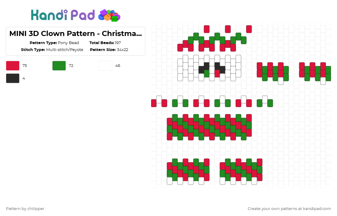 MINI 3D Clown Pattern - Christmas Stripes - Pony Bead Pattern by chilipper on Kandi Pad - red,green,3d,mini,clown,pattern,christmas,stripe