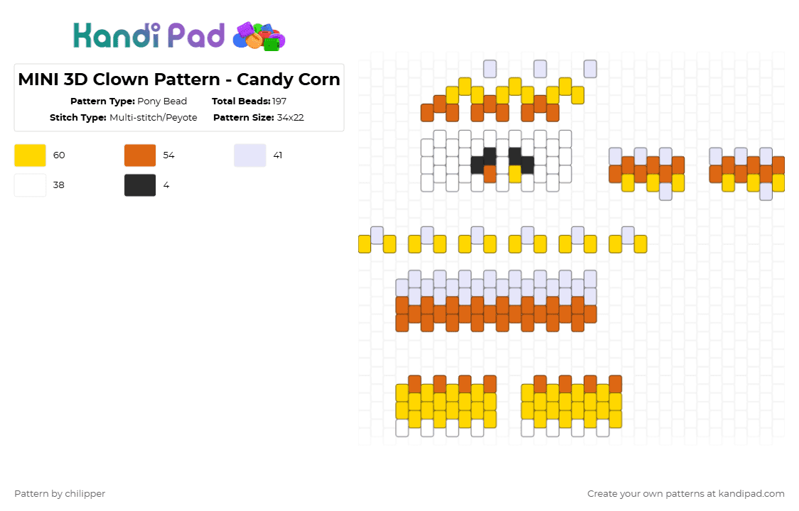 MINI 3D Clown Pattern - Candy Corn - Pony Bead Pattern by chilipper on Kandi Pad - orange,yellow,3d,mini,clown,pattern,candy corn,candy,halloween