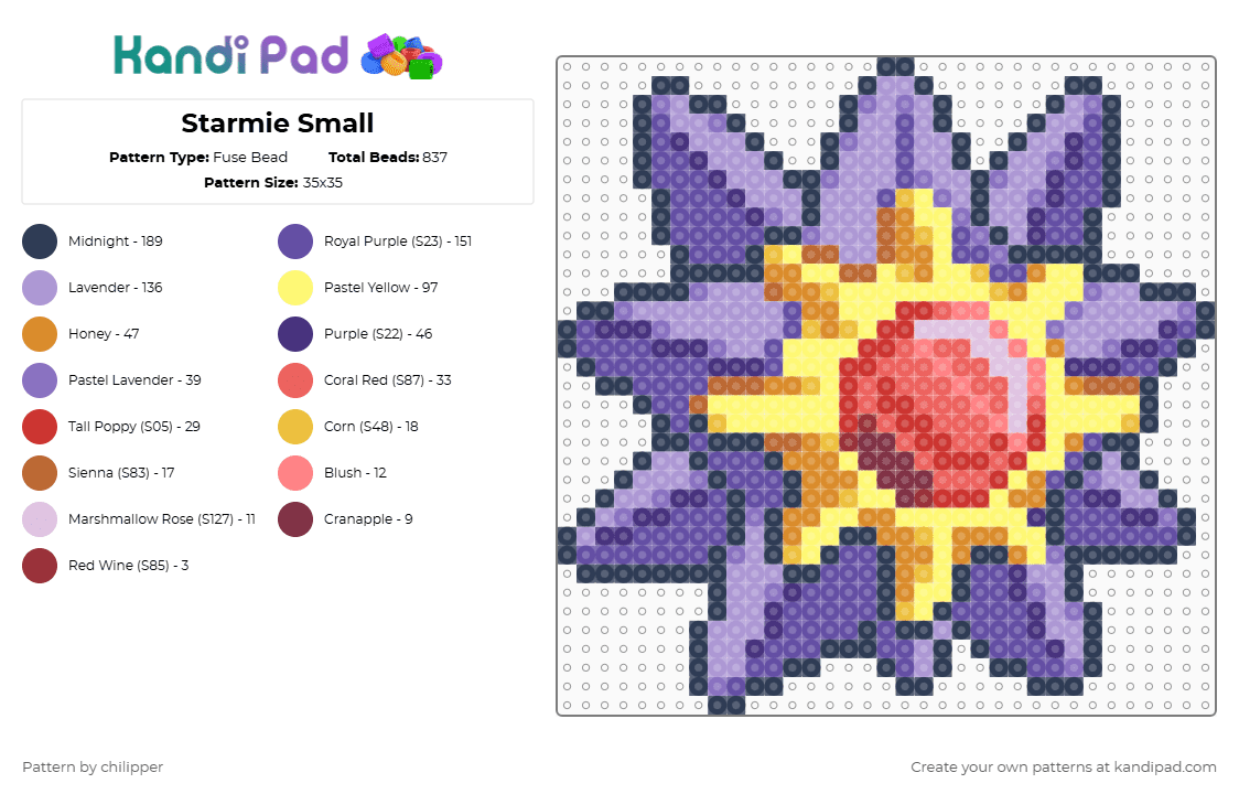 Starmie Small - Fuse Bead Pattern by chilipper on Kandi Pad - video game,anime,gaming,pokemon,purple,yellow,pink,starmie,pkmn,small,tiny,mini,chibi