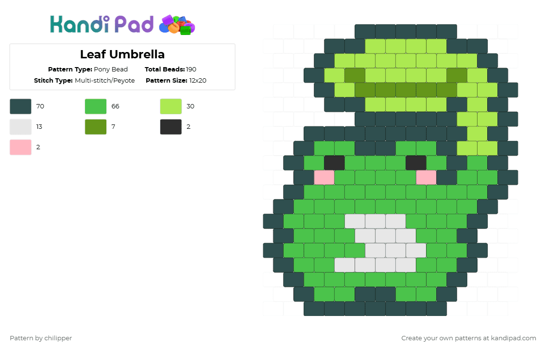 Leaf Umbrella - Pony Bead Pattern by chilipper on Kandi Pad - frog,animal,nature,green,gray,leaf,umbrella,leaf umbrella,cute,froggie