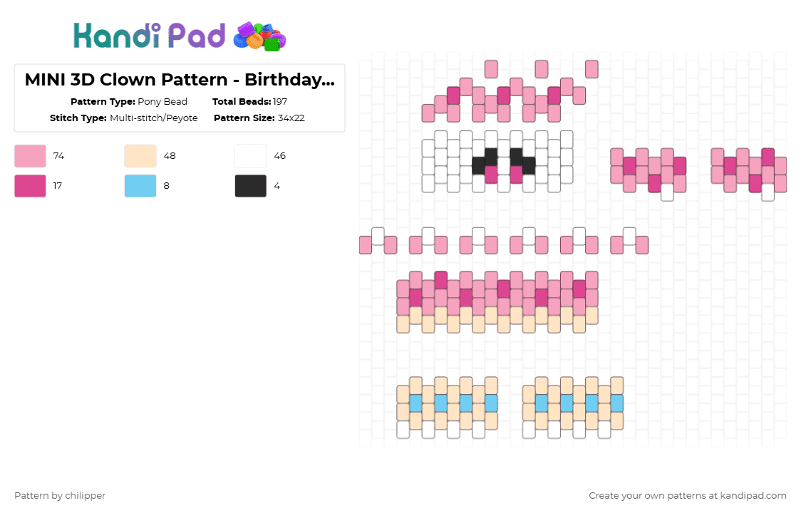 MINI 3D Clown Pattern - Birthday Cake - Pony Bead Pattern by chilipper on Kandi Pad - pink,beige,3d,mini,clown,pastry,birthday,cake,cupcake