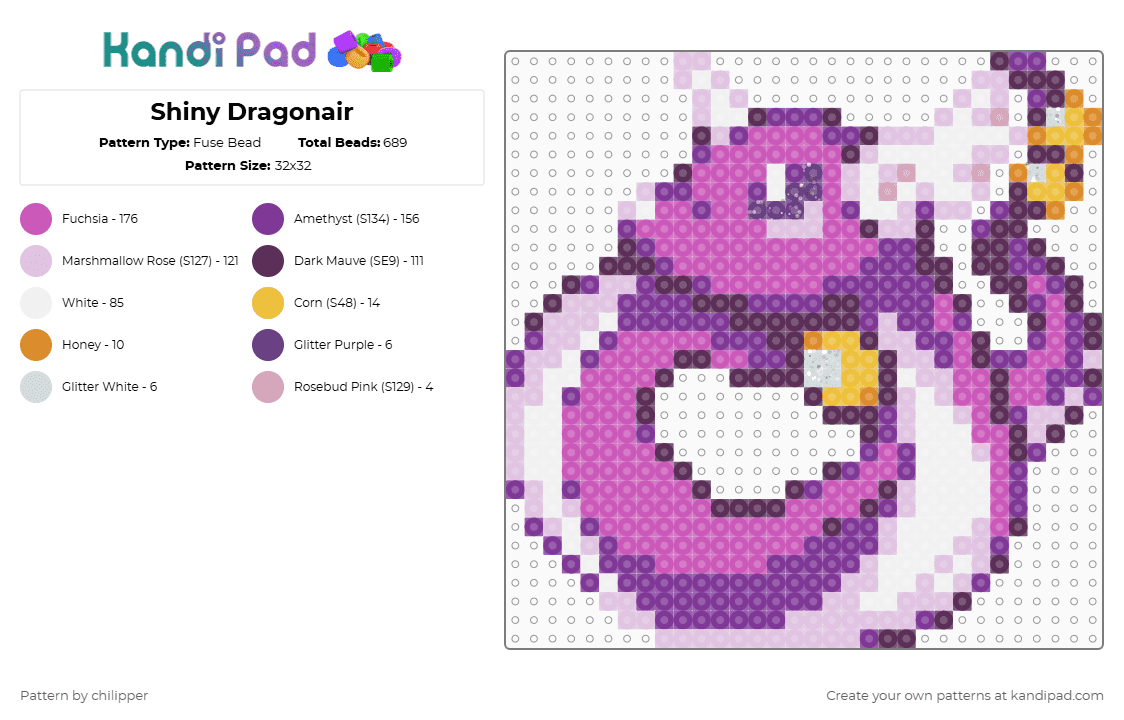 Shiny Dragonair - Fuse Bead Pattern by chilipper on Kandi Pad - pink,shiny dragonair,dragonair,pokemon,pkmn,mini,small