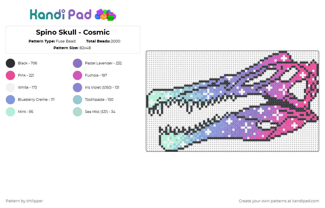 Spino Skull - Cosmic - Fuse Bead Pattern by chilipper on Kandi Pad - pink,blue,spino,spinosaurus,dino,dinosaur,skull,bone,skeleton,galaxy