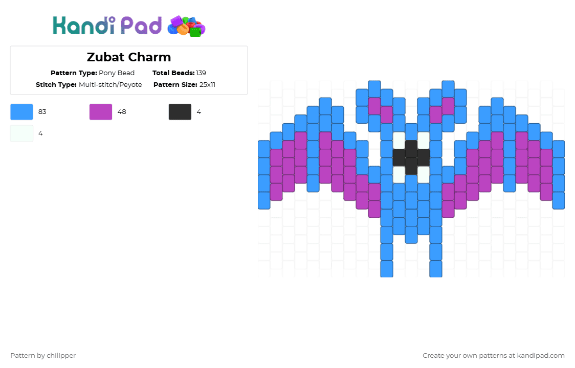 Zubat Charm - Pony Bead Pattern by chilipper on Kandi Pad - zubat,pokemon,pkmn,small,mini