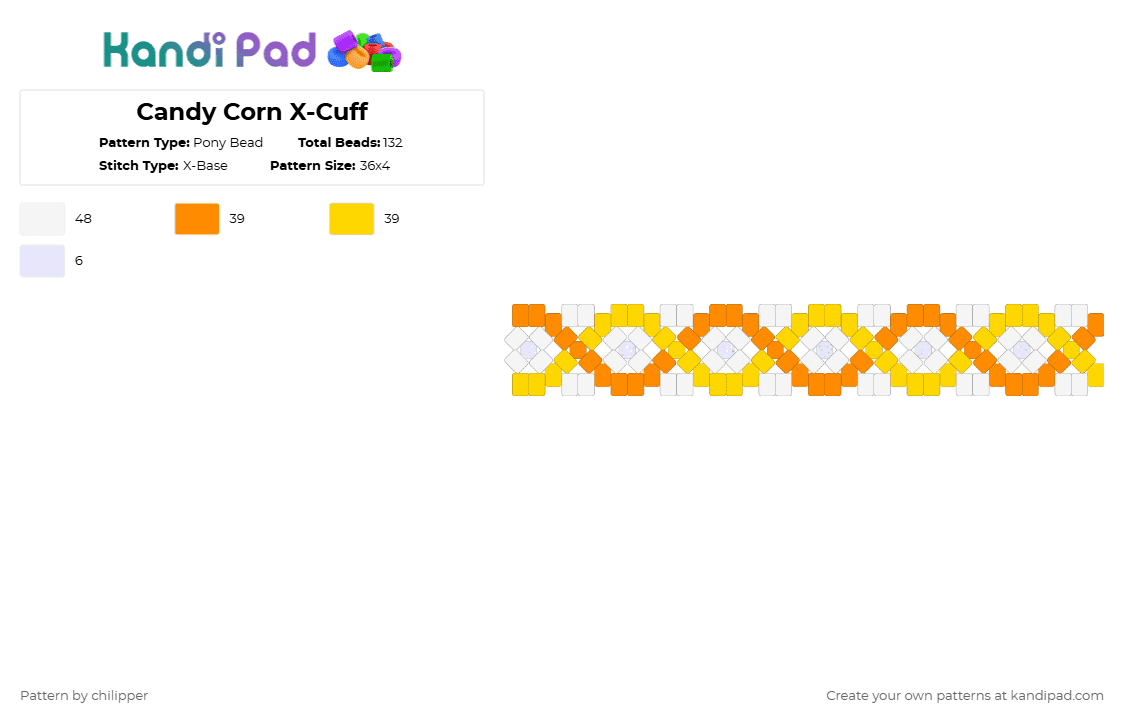 Candy Corn X-Cuff - Pony Bead Pattern by chilipper on Kandi Pad - orange,yellow,candy,corn,candy corn,halloween,white