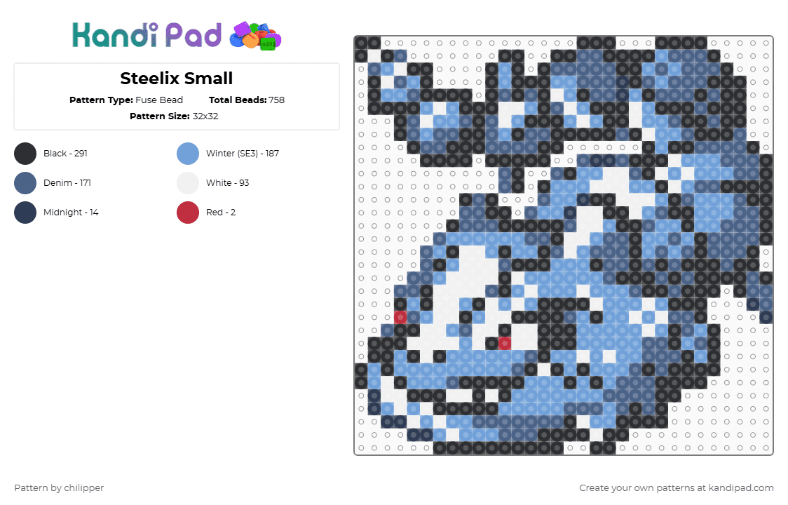 Steelix Small - Fuse Bead Pattern by chilipper on Kandi Pad - blue,light blue,steelix,pokemon,pkmn,small,mini,chibi