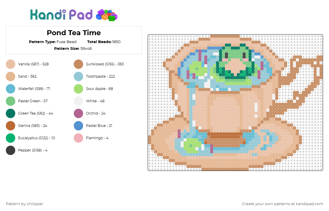 Pond Tea Time - Fuse Bead Pattern by chilipper on Kandi Pad - light blue,beige,tan,frog,tea,cup,pond,froggie,froggy,pastel