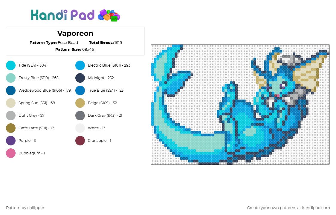 Vaporeon - Fuse Bead Pattern by chilipper on Kandi Pad - purple,blue,light blue,vaporeon,pokemon,pkmn,cute