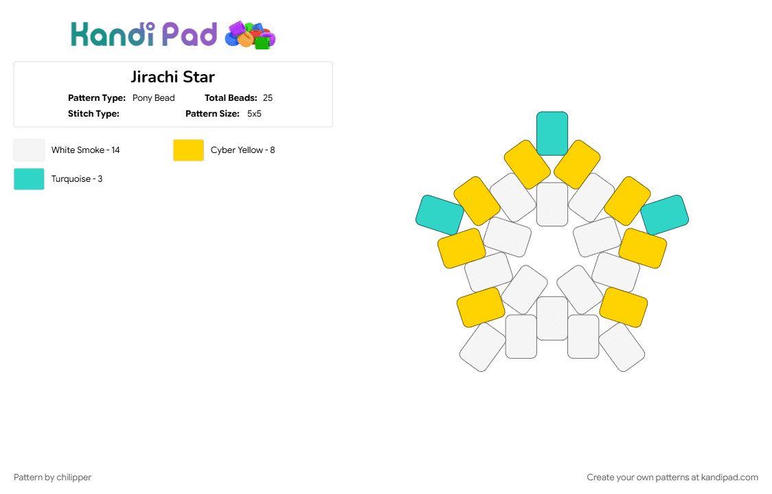 Jirachi Star - Pony Bead Pattern by chilipper on Kandi Pad - jirachi, pkmn, pokemon, star, teal, yellow