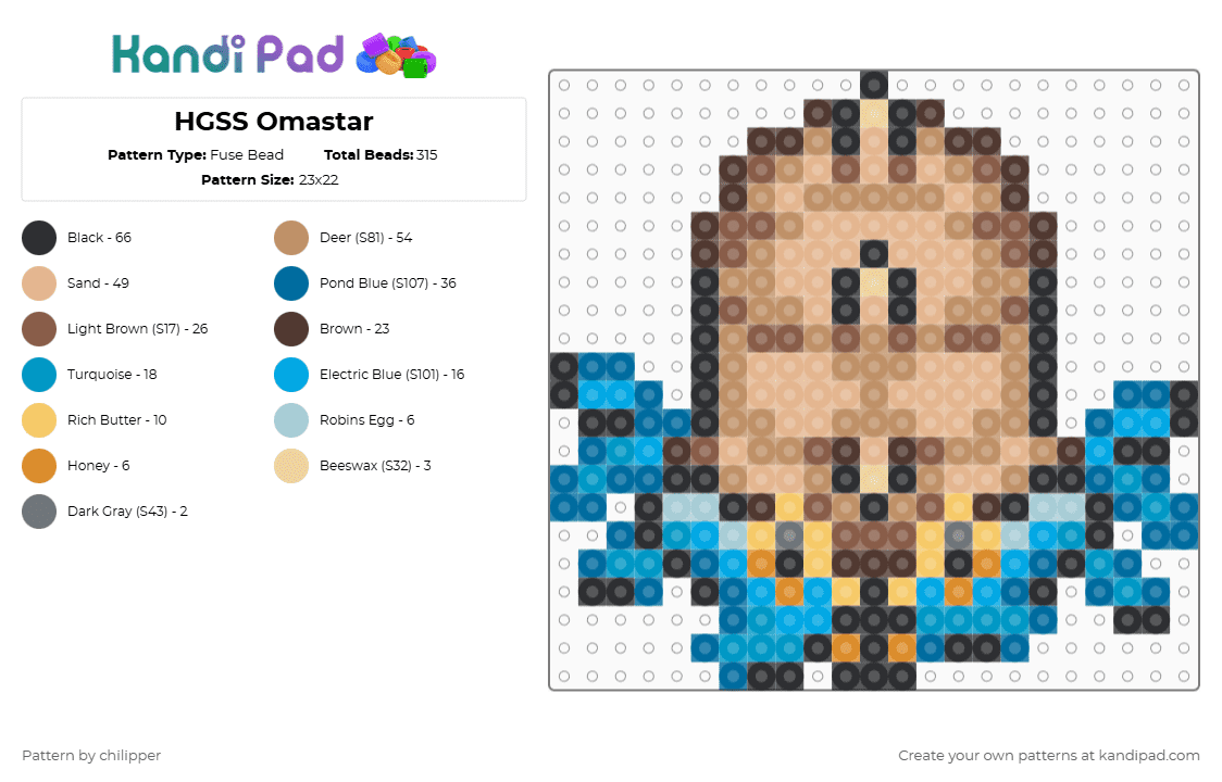 HGSS Omastar - Fuse Bead Pattern by chilipper on Kandi Pad - blue,light blue,tan,beige,pokemon,pkmn,heart gold,soul silver,omastar