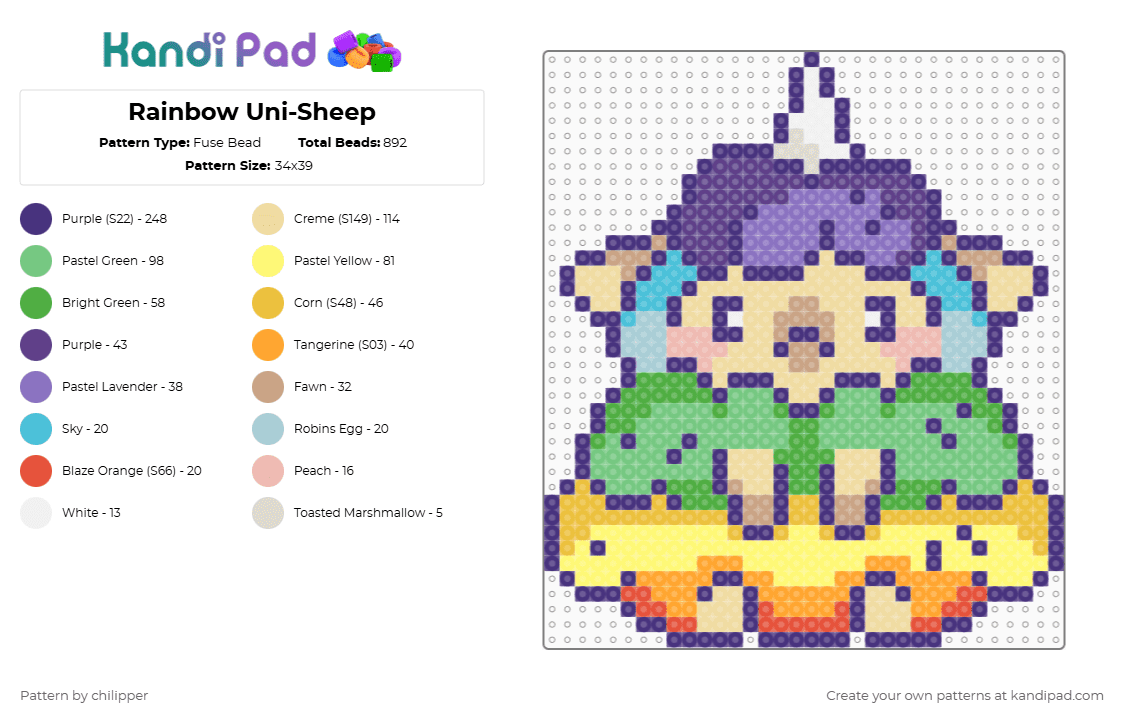 Rainbow Uni-Sheep - Fuse Bead Pattern by chilipper on Kandi Pad - purple,teal,beige,yellow,rainbow,unicorn,sheep,cute,pastel