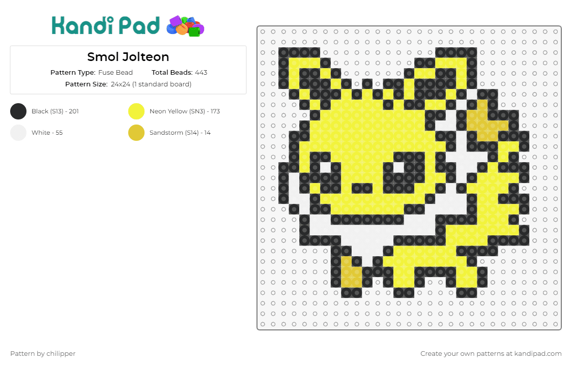Smol Jolteon - Fuse Bead Pattern by chilipper on Kandi Pad - jolteon,pokemon,eevee,electric,chibi,character,creature,fanart,yellow