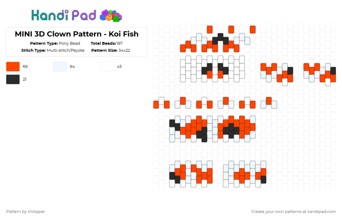 MINI 3D Clown Pattern - Koi Fish - Pony Bead Pattern by chilipper on Kandi Pad - white,red,3d,mini,clown,koi,fish,orange