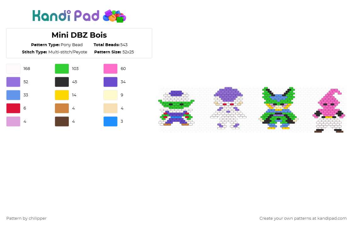 Mini DBZ Bois - Pony Bead Pattern by chilipper on Kandi Pad - green,purple,light blue,pink,dbz,dragonball,dragonballz,piccolo,friza,cell,majin,buu