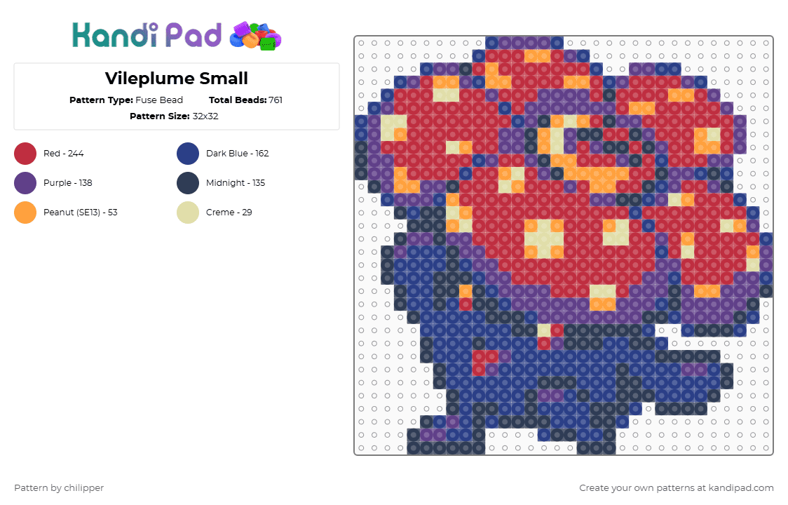 Vileplume Small - Fuse Bead Pattern by chilipper on Kandi Pad - purple,blue,red,vileplume,pokemon,pkmn,small,tiny,mini