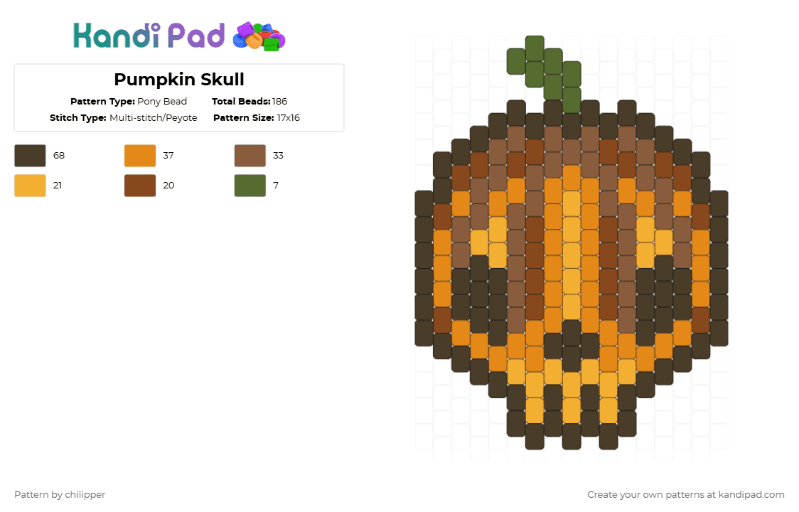 Pumpkin Skull - Pony Bead Pattern by chilipper on Kandi Pad - fall,october,holiday,decoration,halloween,spooky,brown,orange,pumpkin,skull
