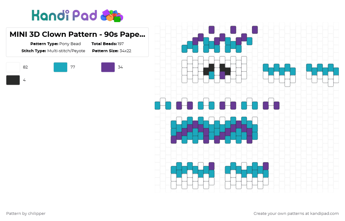 MINI 3D Clown Pattern - 90s Paper Cup Inspo Pattern - Pony Bead Pattern by chilipper on Kandi Pad - teal,purple,3d,mini,clown,pattern,90s,retro,paper,cup
