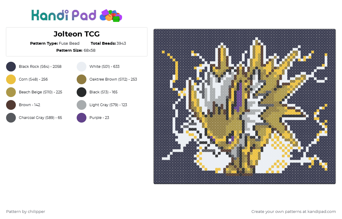 Jolteon TCG - Fuse Bead Pattern by chilipper on Kandi Pad - purple