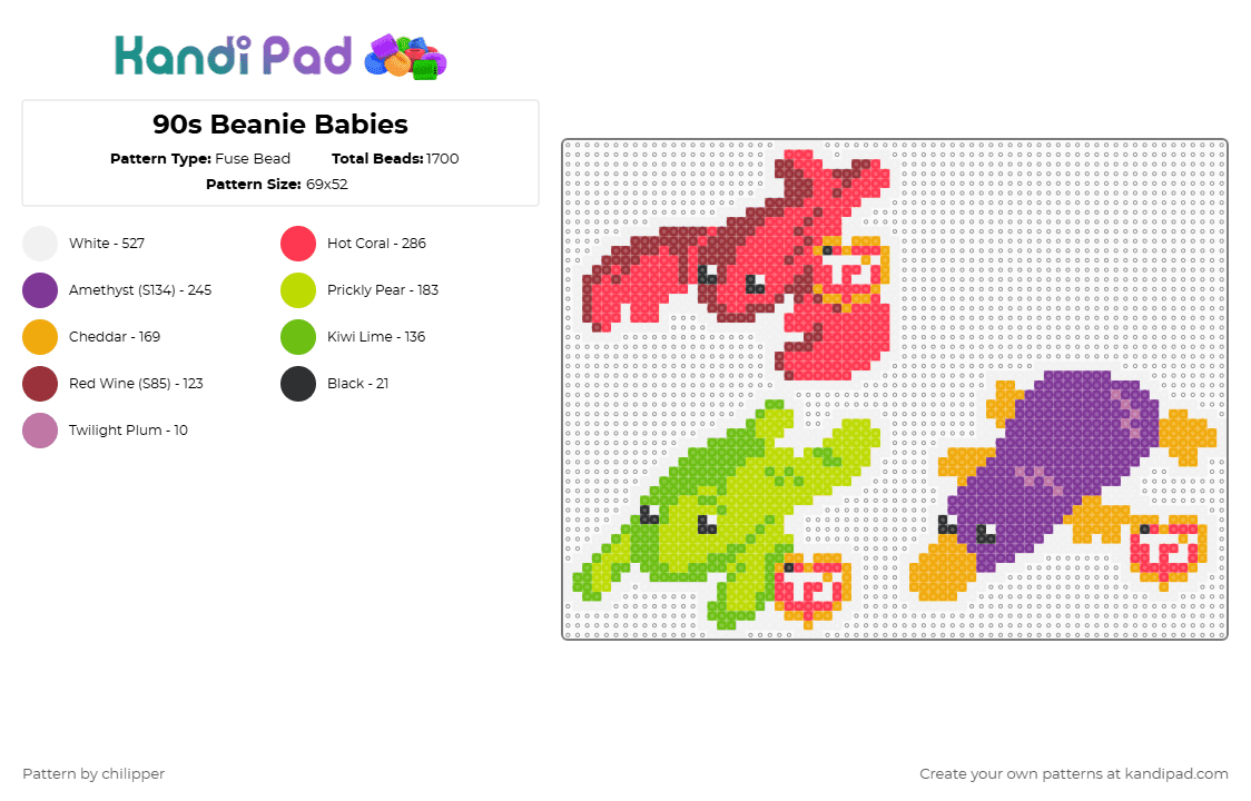 90s Beanie Babies - Fuse Bead Pattern by chilipper on Kandi Pad - green,red,beanie babies,beanie,babies,ty,90s,retro,plush