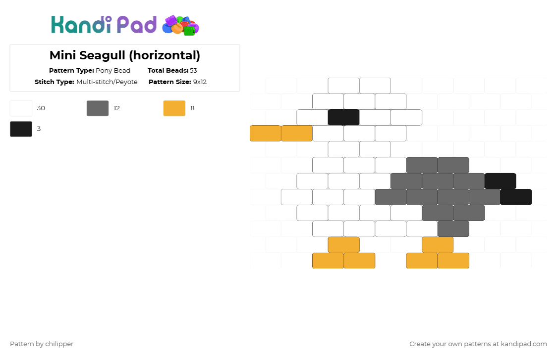 Mini Seagull (horizontal) - Pony Bead Pattern by chilipper on Kandi Pad - seagull,animal,ocean,wildlife,charm,white,orange,gray,mini,bird,small,cute,sea