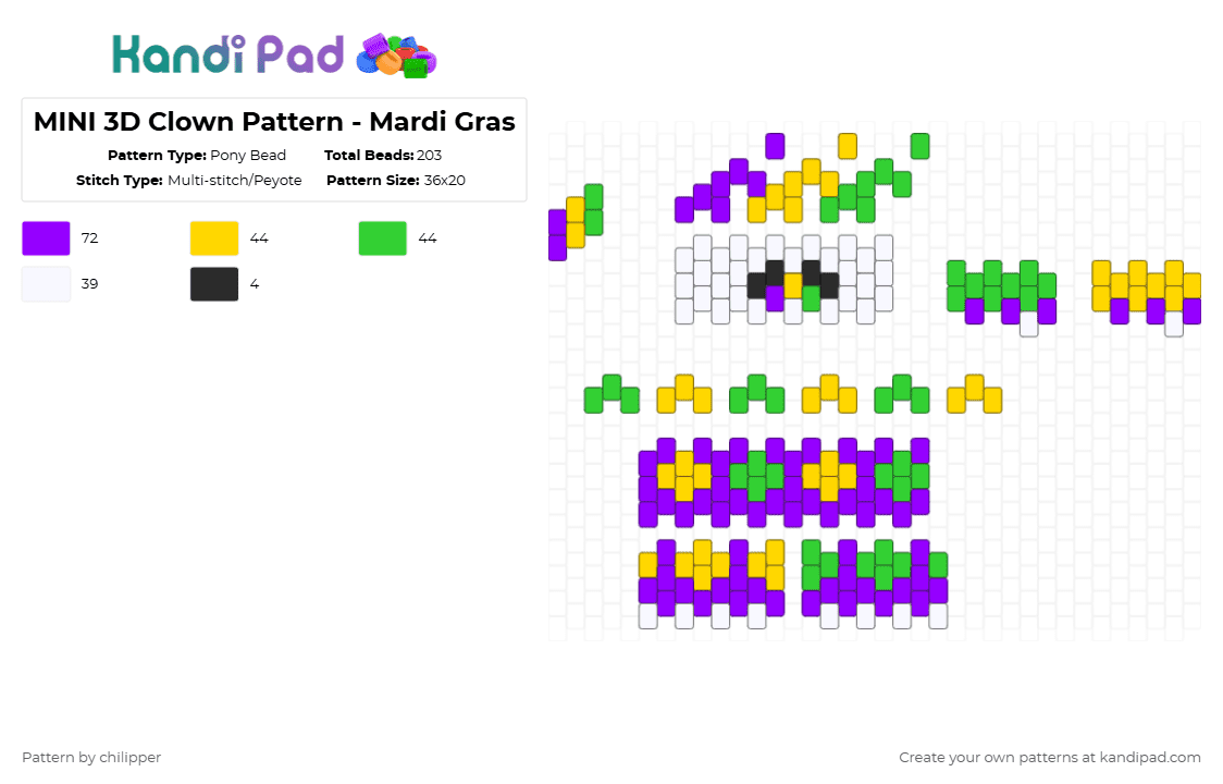 MINI 3D Clown Pattern - Mardi Gras - Pony Bead Pattern by chilipper on Kandi Pad - purple,3d,mini,clown,mardi,gras,mardi gras,new orleans,pattern