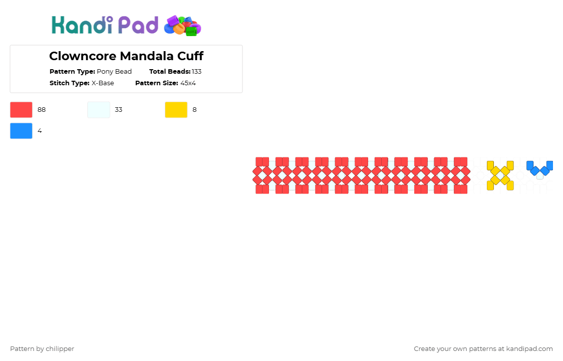 Clowncore Mandala Cuff - Pony Bead Pattern by chilipper on Kandi Pad - red,clown,clowncore,yellow,blue,mandala