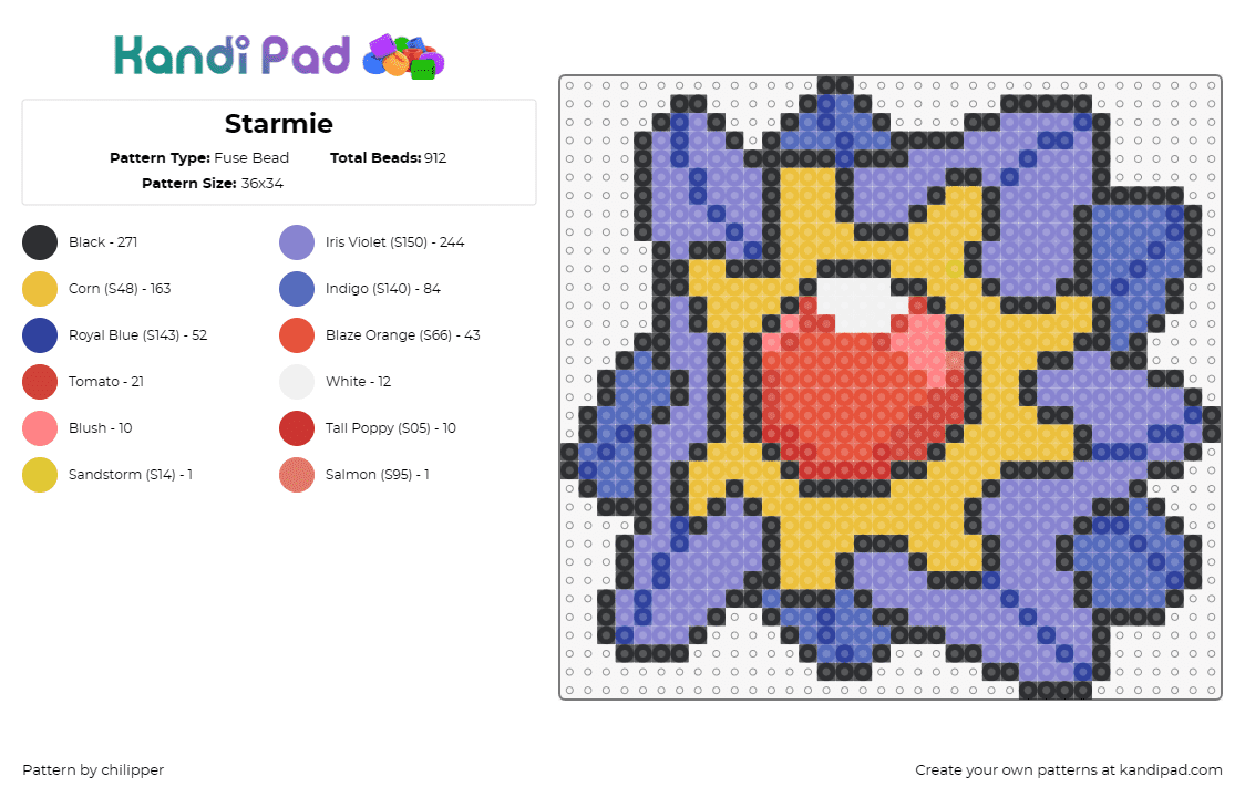 Starmie - Fuse Bead Pattern by chilipper on Kandi Pad - starmie,staryu,pokemon,creature,vibrant,purple,blue