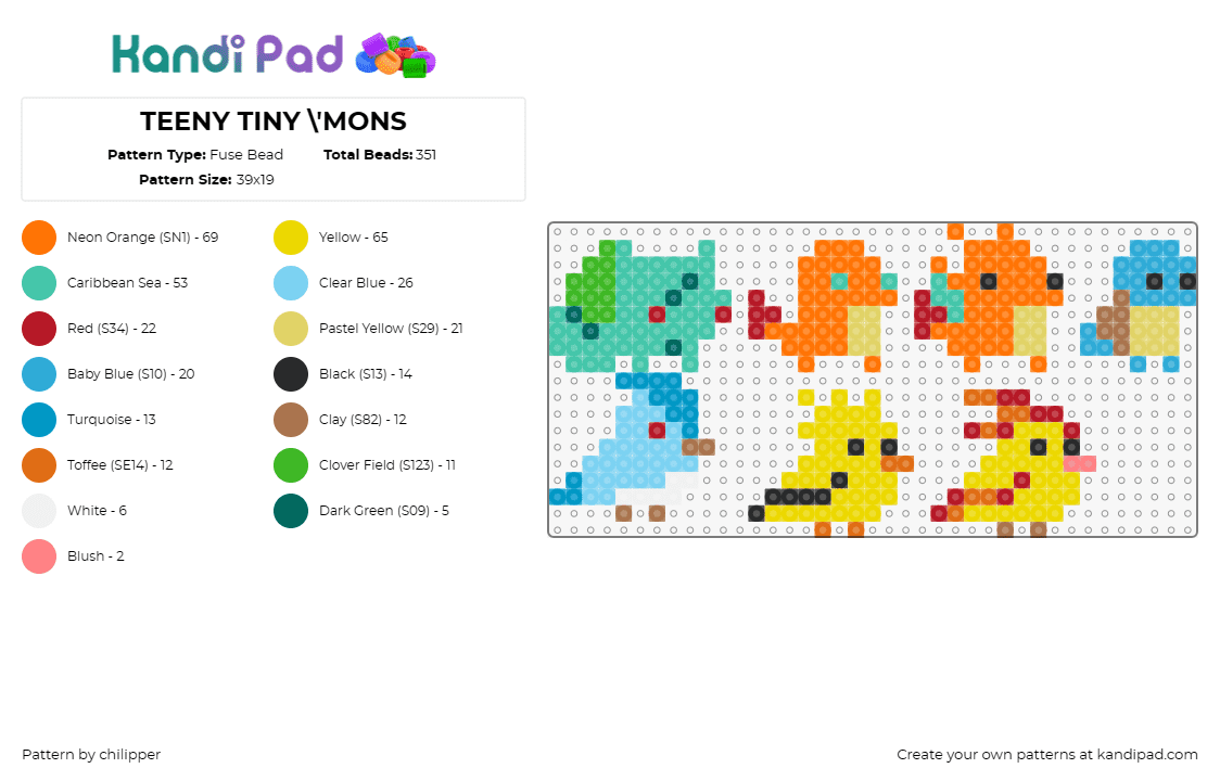 TEENY TINY \'MONS - Fuse Bead Pattern by chilipper on Kandi Pad - pokemon,characters,cute,simple,gaming,colorful,orange,yellow,blue