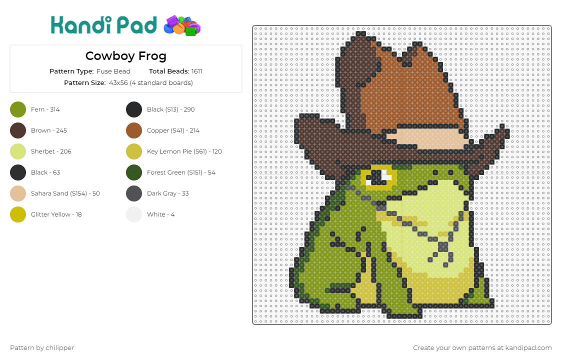 Cowboy Frog - Fuse Bead Pattern by chilipper on Kandi Pad - animal,frog,cowboy,hat,western,sheriff,green,brown