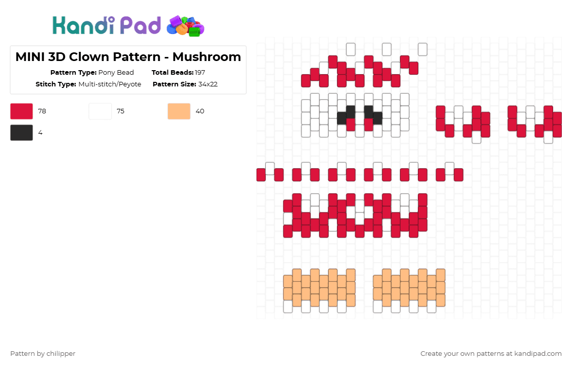 MINI 3D Clown Pattern - Mushroom - Pony Bead Pattern by chilipper on Kandi Pad - red,orange,3d,mini,clown,mushroom,mush
