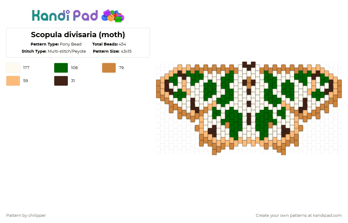 Scopula divisaria (moth) - Pony Bead Pattern by chilipper on Kandi Pad - orange,green,moth,silver,cream,insect,bug,bali