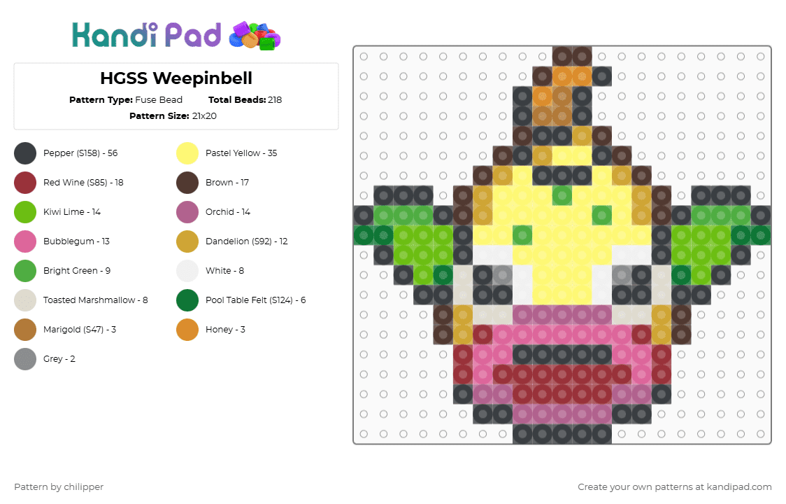 HGSS Weepinbell - Fuse Bead Pattern by chilipper on Kandi Pad - green,orange,red,pink,colorful,hgss,heart gold,soul silver,weepinbell,pokemon,pkmn