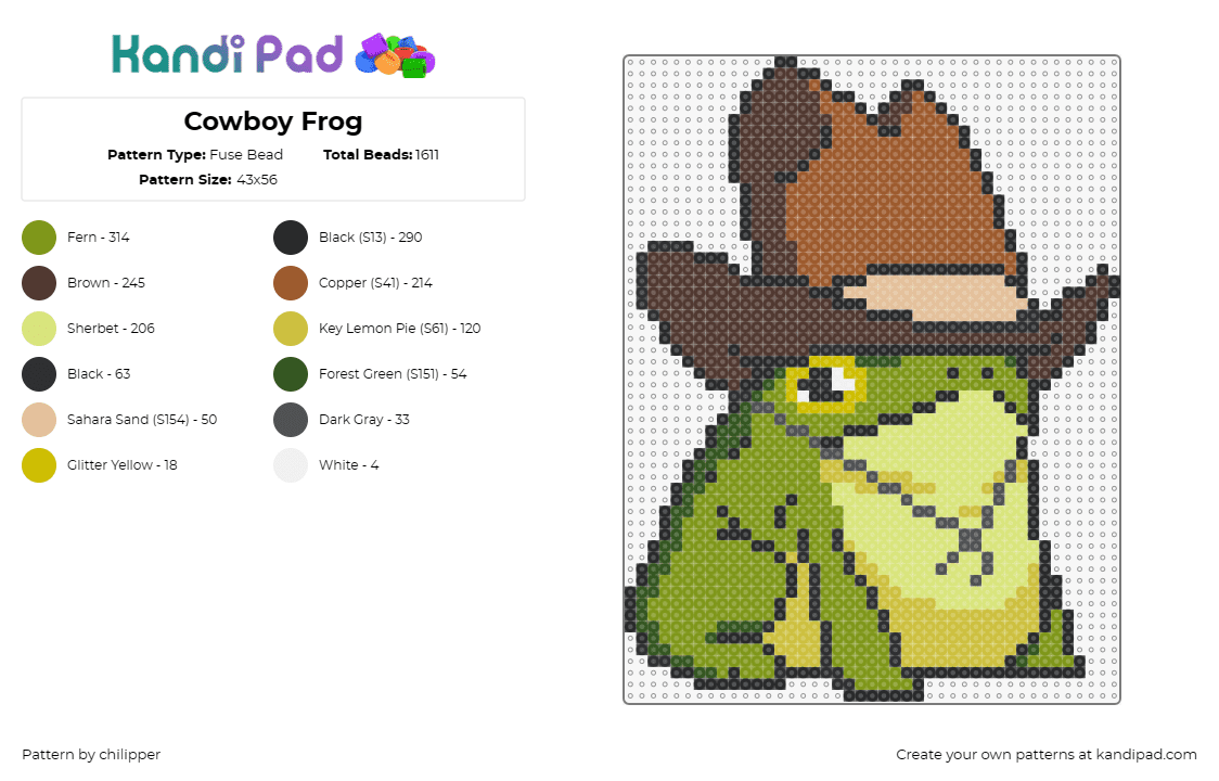 Cowboy Frog - Fuse Bead Pattern by chilipper on Kandi Pad - animal,frog,cowboy,hat,western,sheriff,green,brown