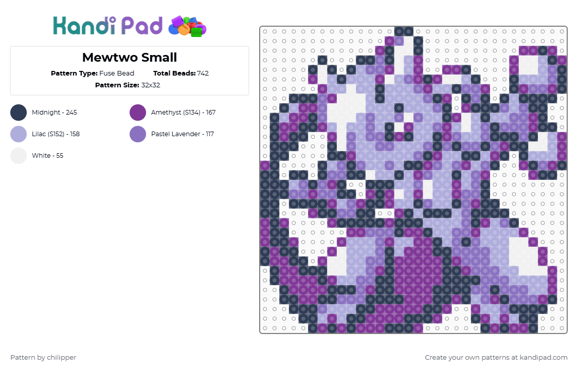 Mewtwo Small - Fuse Bead Pattern by chilipper on Kandi Pad - video game,anime,gaming,pokemon,pink,purple,mewtwo,pkmn,small,mini,chibi