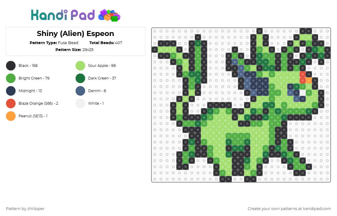 Shiny (Alien) Espeon - Fuse Bead Pattern by chilipper on Kandi Pad - green,pokemon,pkmn,shiny,espeon,alien