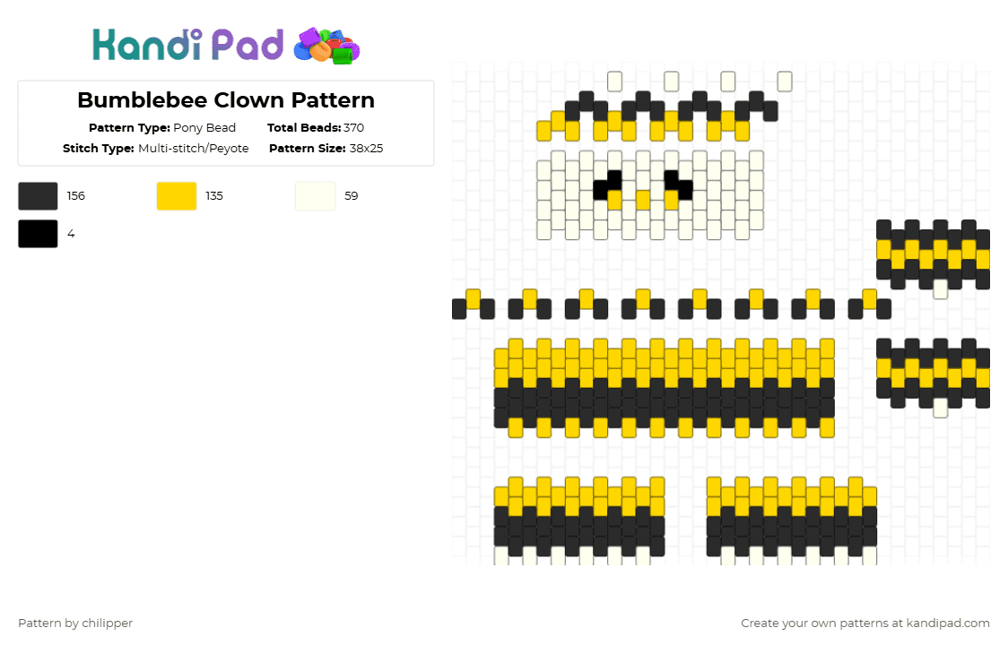 Bumblebee Clown Pattern - Pony Bead Pattern by chilipper on Kandi Pad - yellow,white,bumble,bee,bumblebee,clown,pattern,3d,black