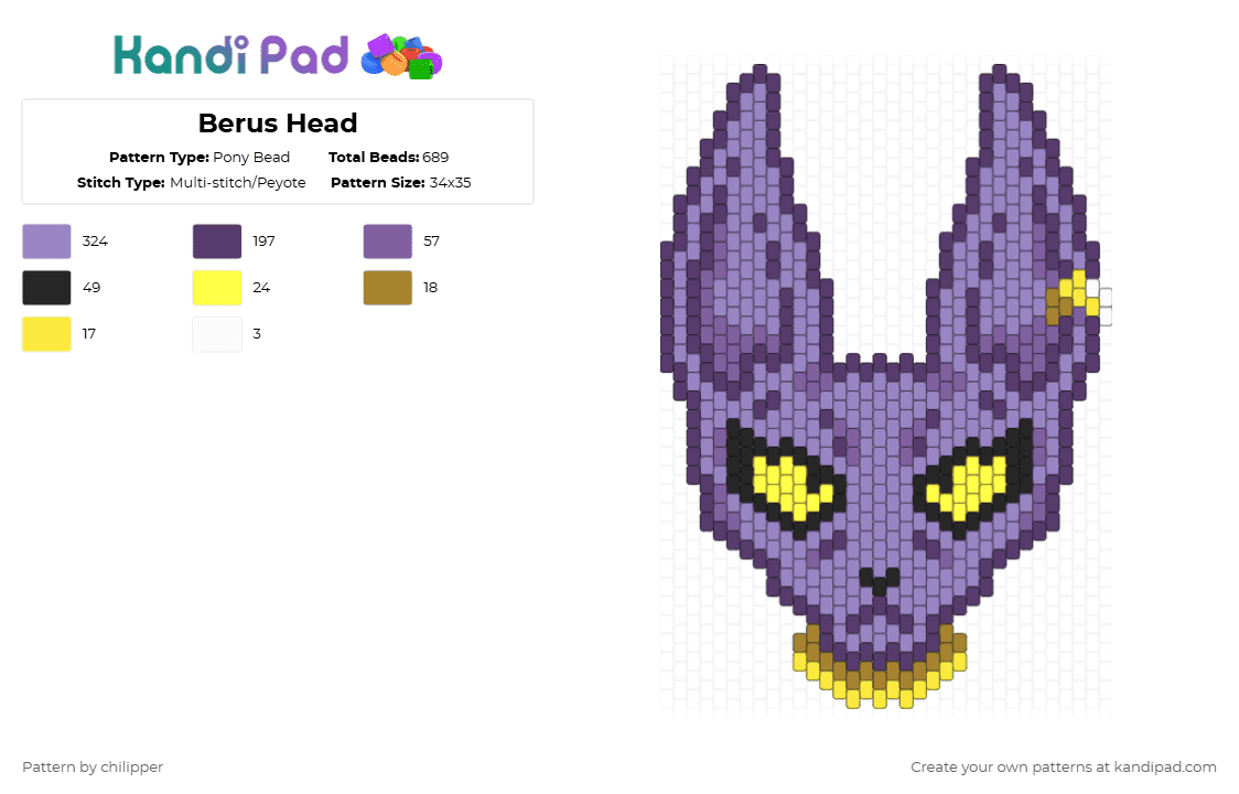 Berus Head - Pony Bead Pattern by chilipper on Kandi Pad - berus,animal,purple,pink,dbz,dragonball,dragonballz,dragonball super,super,cat